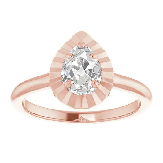 Solitaire Old Cut Pear Real Diamond Ring 14K Rose Gold 2.15 Carats