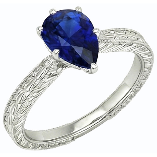 Solitaire Pear Antique Style Blue Sapphire Ring 1.50 Carats White Gold