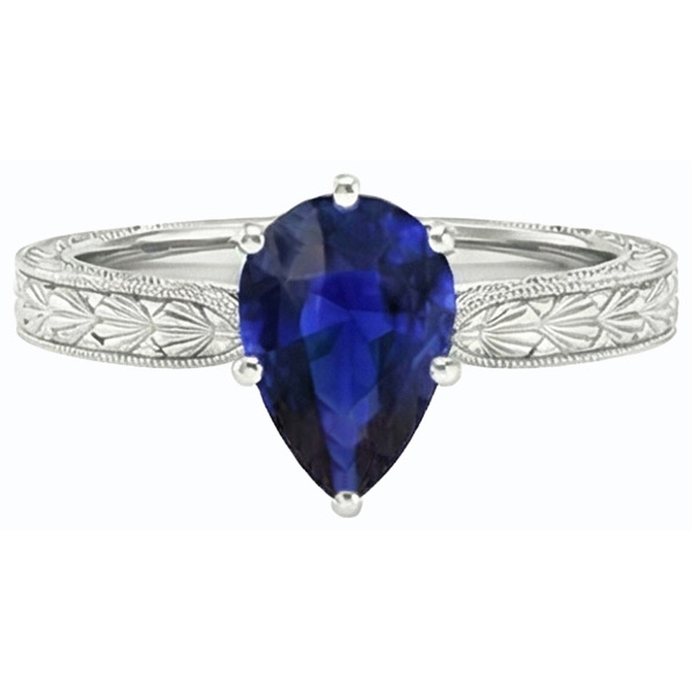 Solitaire Pear Antique Style Blue Sapphire Ring 1.50 Carats White Gold