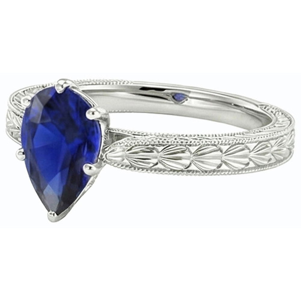 Solitaire Pear Antique Style Blue Sapphire Ring 1.50 Carats White Gold