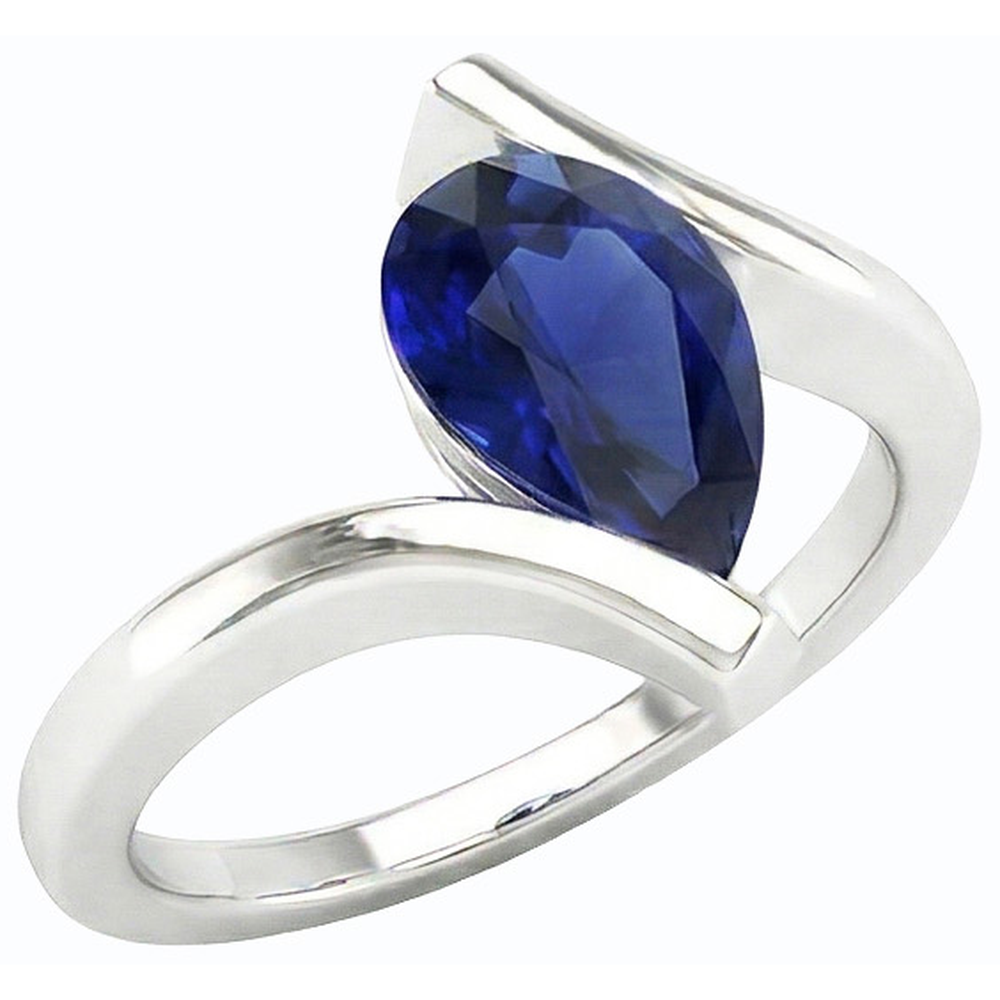 Solitaire Pear Deep Blue Sapphire Ring 14K Gold Tension Style 2 Carats
