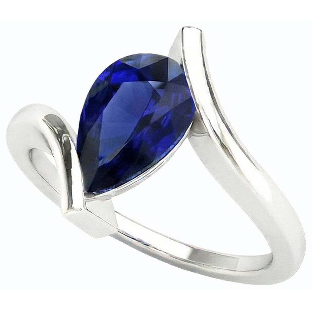 Solitaire Pear Deep Blue Sapphire Ring 14K Gold Tension Style 2 Carats
