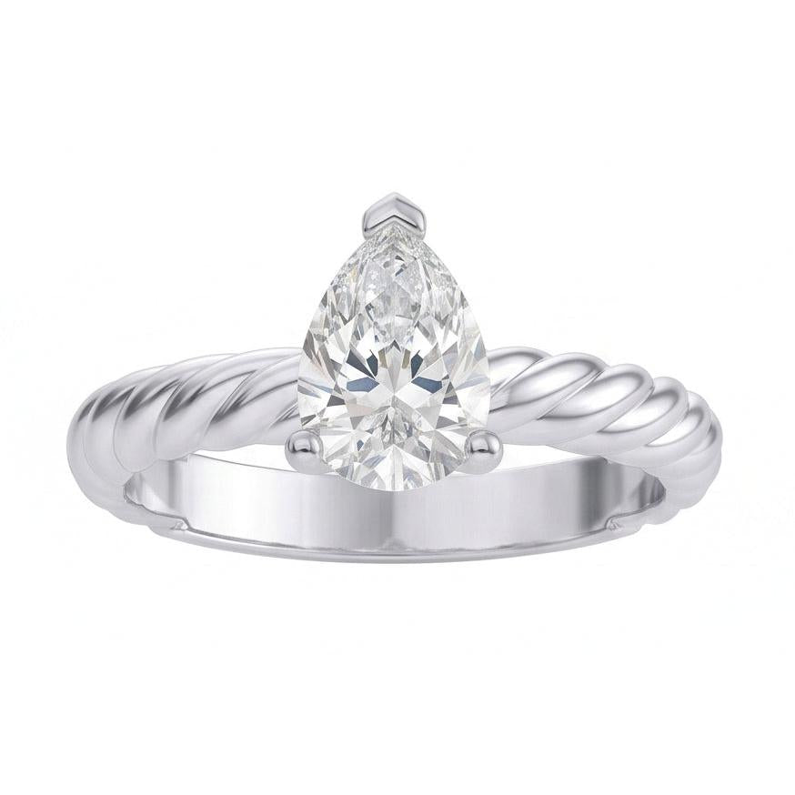 Solitaire Pear Natural Earth Mined Diamond 1.50 Carat Wedding Ring Rope Style Shank
