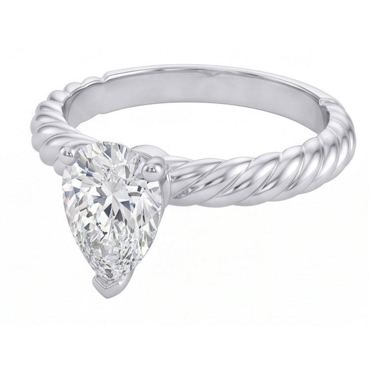 Solitaire Pear Natural Earth Mined Diamond 1.50 Carat Wedding Ring Rope Style Shank