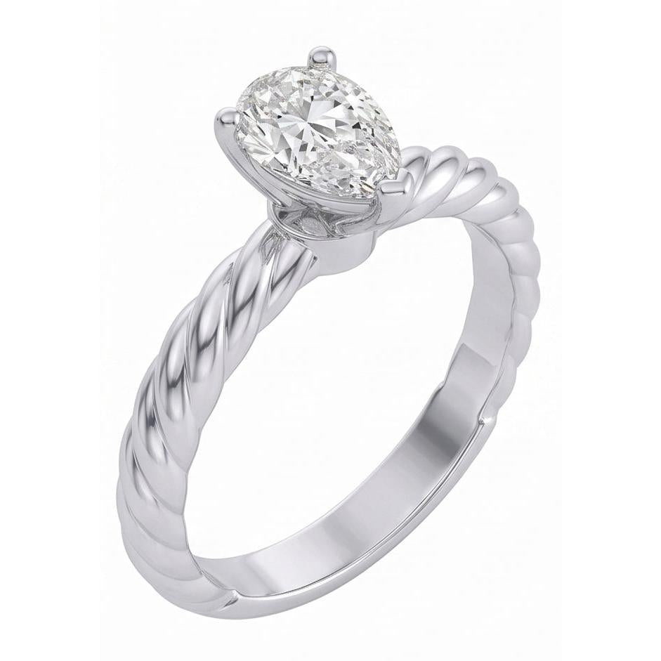 Solitaire Pear Natural Earth Mined Diamond 1.50 Carat Wedding Ring Rope Style Shank