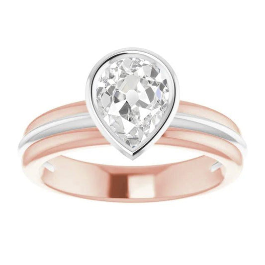 Solitaire Pear Old European Real Diamond Ring Bezel Set 2.20 Carats