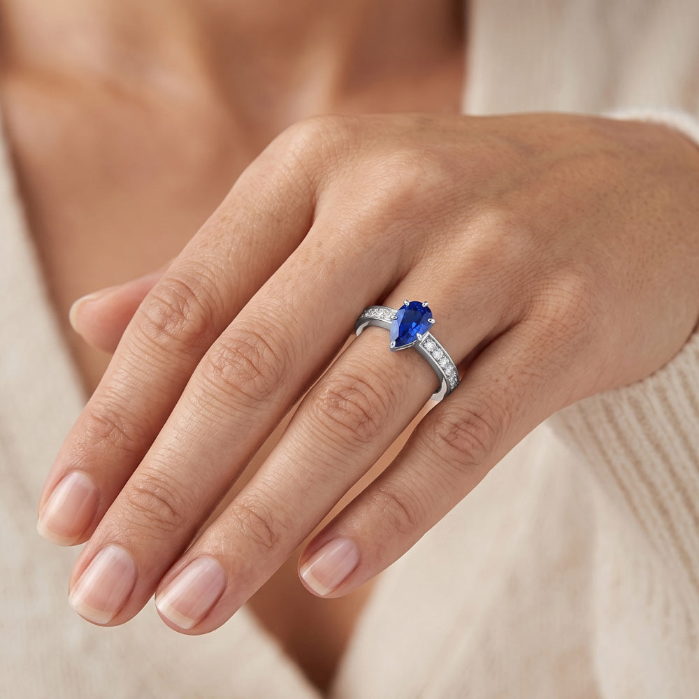 Solitaire Pear Shaped Ceylon Sapphire Ring With Accents 2.50 Carats