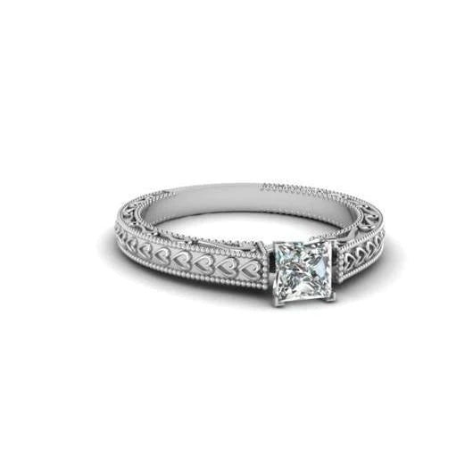 Solitaire Princess 1 Carat Real Diamond Antique Look Ring White Gold 14K