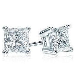 Solitaire Princess Cut Genuine Diamond Stud Earring 3 Carats White Gold 14K