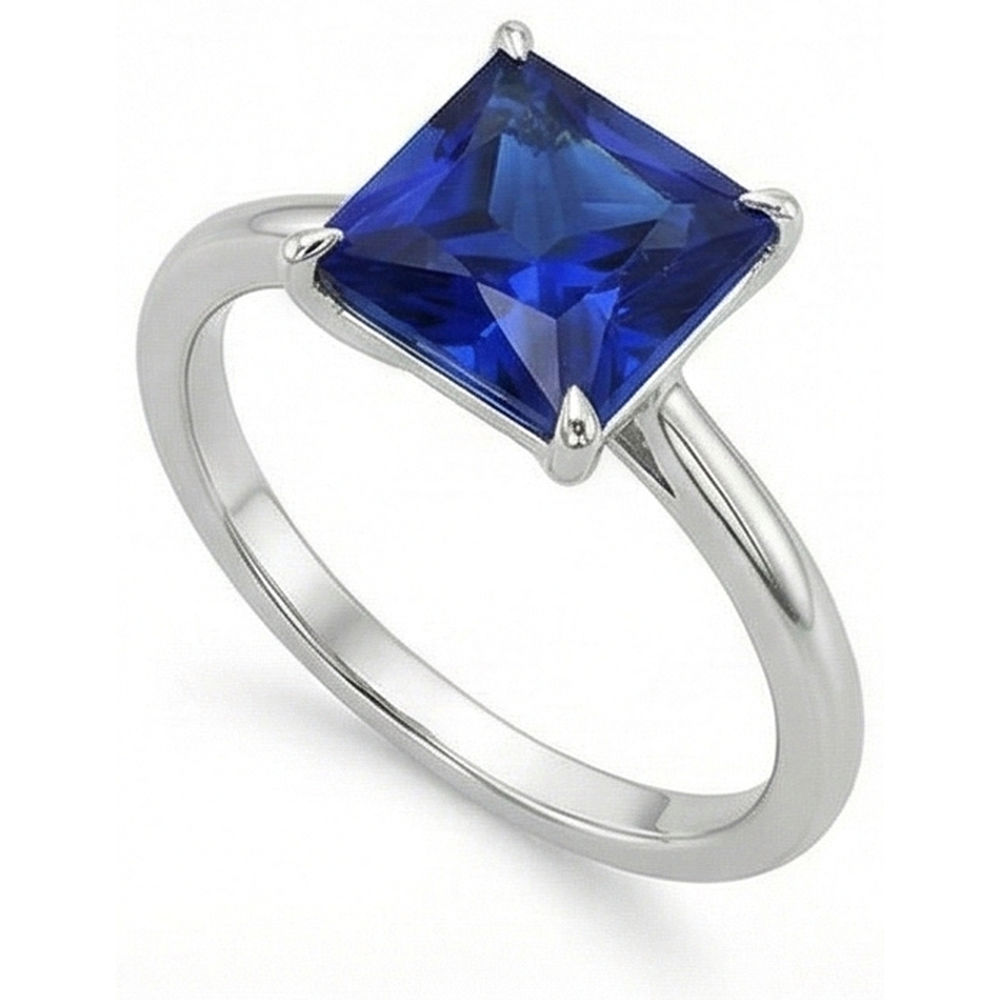 Solitaire Princess Sri Lankan Sapphire Ring 5 Carats White Gold 14K