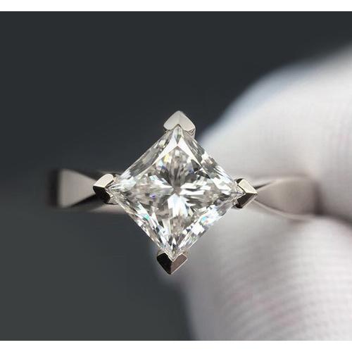 Solitaire Real Diamond Ring Kite Setting Princess Cut 2 Carats White Gold