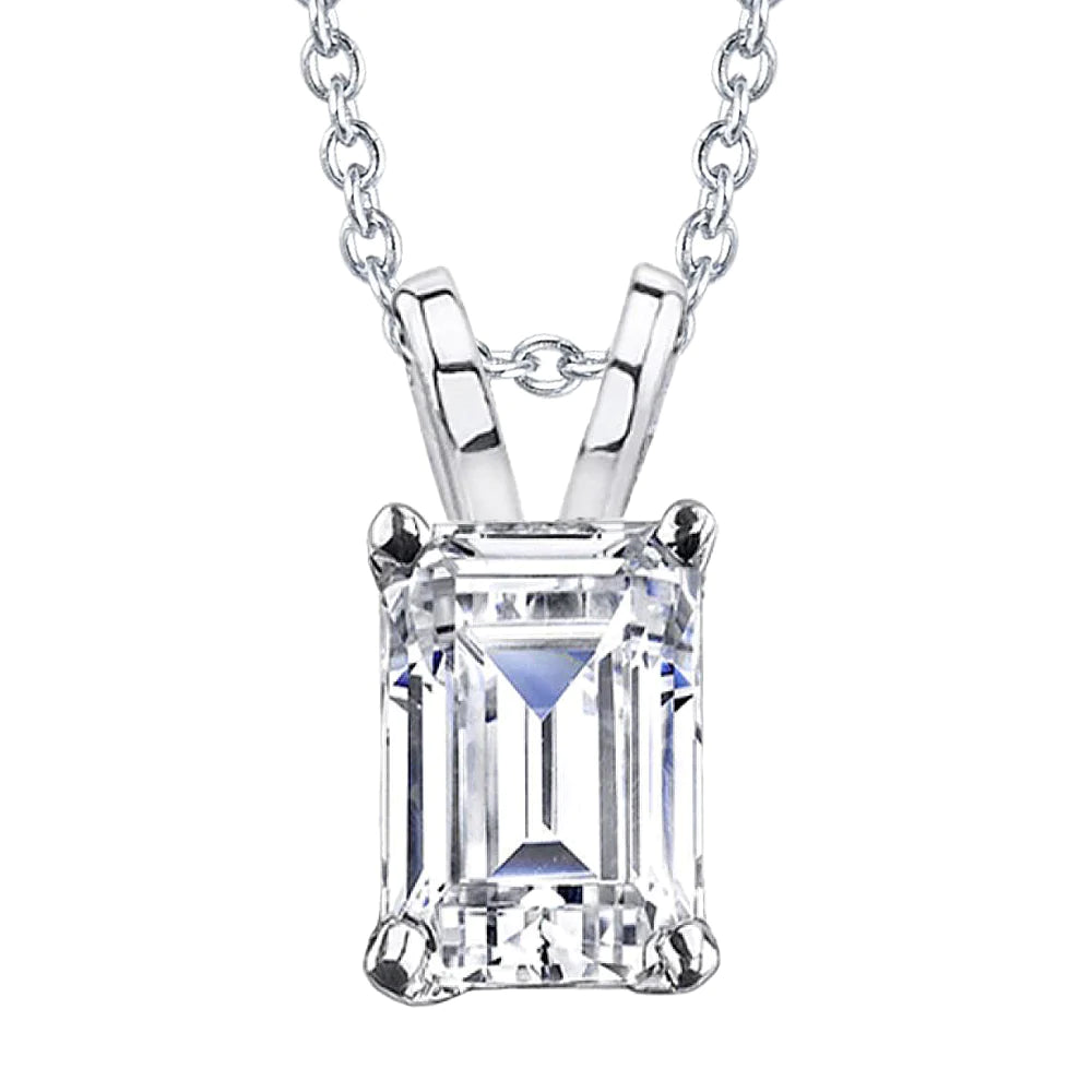Solitaire Real Emerald Cut Diamond Pendant Necklace 2 Ct. White Gold 14K