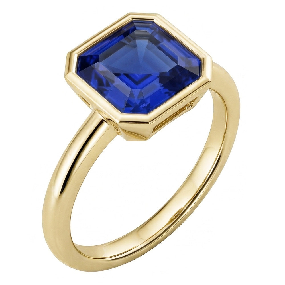 Solitaire Ring 1.50 Carats Bezel Set Asscher Sapphire Yellow Gold 14K