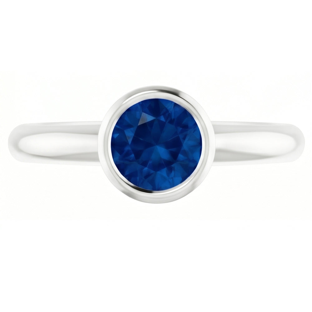 Solitaire Ring Blue Sapphire 0.75 Carats Bezel Setting White Gold 14K