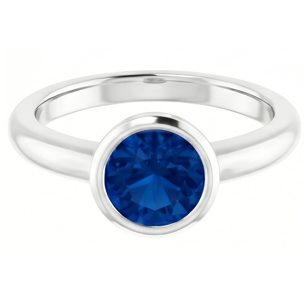 Solitaire Ring Blue Sapphire 0.75 Carats Bezel Setting White Gold 14K
