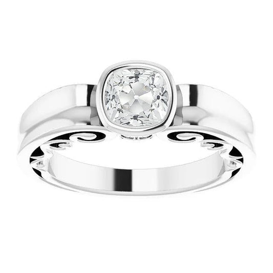 Solitaire Ring Cushion Old Cut Real Diamond Bezel Set Filigree 2.15 Carats