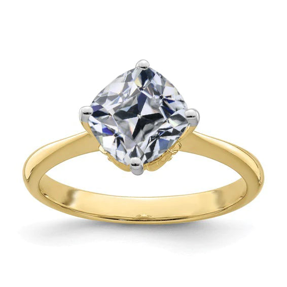 Solitaire Ring Cushion Old Mine Cut Real Diamond 5 Carats Two Tone Gold