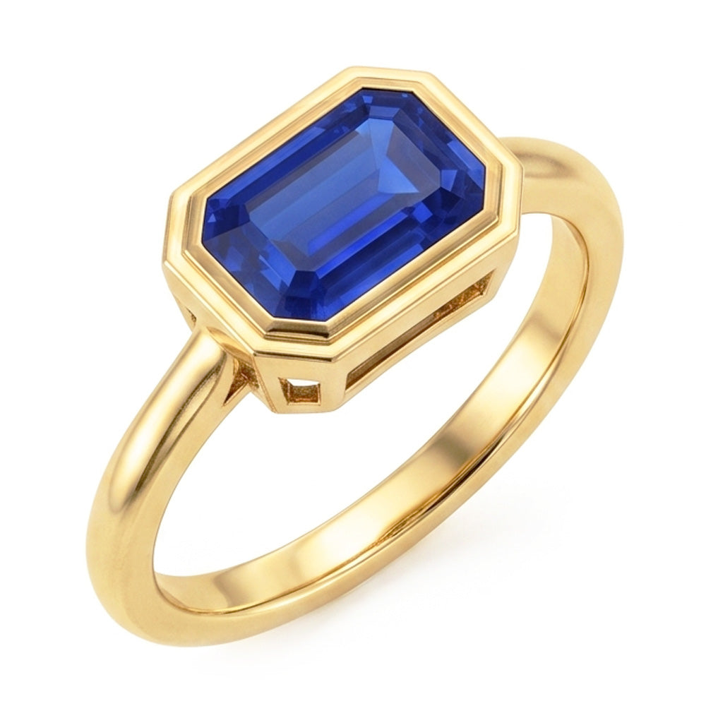 Solitaire Ring Emerald Blue Sapphire Bezel Set 1.50 Carats Gold 14K