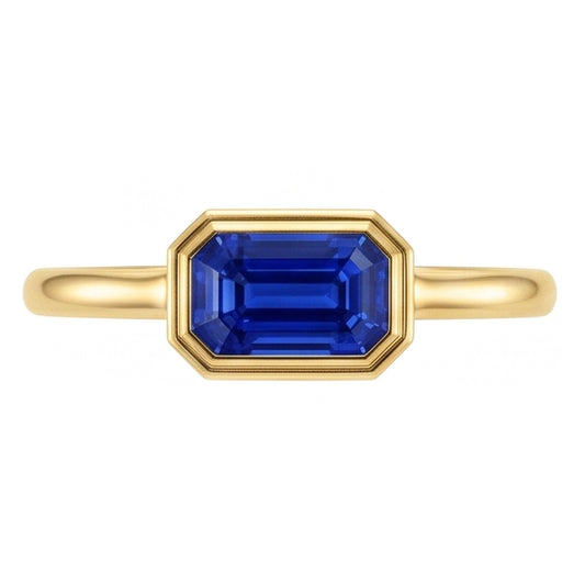 Solitaire Ring Emerald Blue Sapphire Bezel Set 1.50 Carats Gold 14K