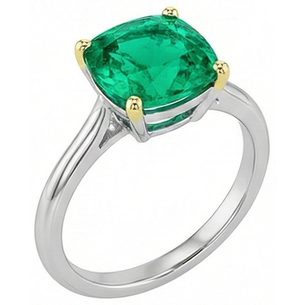 Earth-Mined Fine Emerald Colored Stone Ring 3.50 ct 14K Two Tone Gold – front view