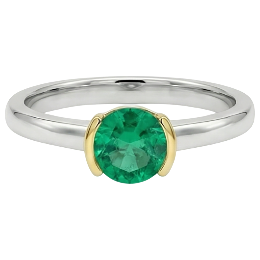 Emerald Round Cut Colored Stone Ring in Two-Tone 14K Gold – front view