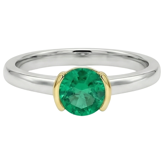 Emerald Round Cut Colored Stone Ring in Two-Tone 14K Gold – front view