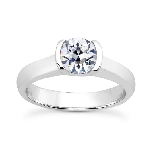Solitaire Ring Natural Round Old Mine Cut Diamond Half Bezel Set 1.50 Carats
