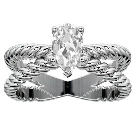 Solitaire Ring Old Cut Pear Genuine Diamond Split Shank 2.25 Carats Rope Style