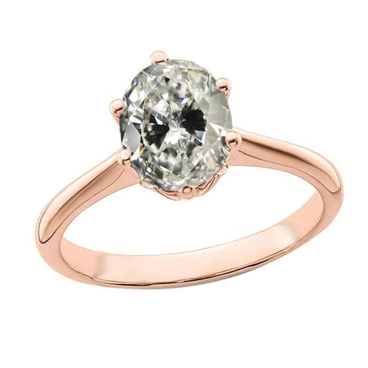 Solitaire Ring Oval Old Mine Cut Real Diamond 6 Prong Set 3 Carats Gold