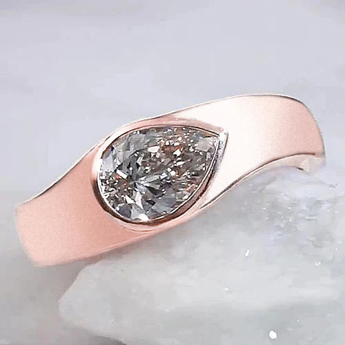 Solitaire Ring Pear Genuine Diamond 2 Carats Rose Gold Wood Grain Metal
