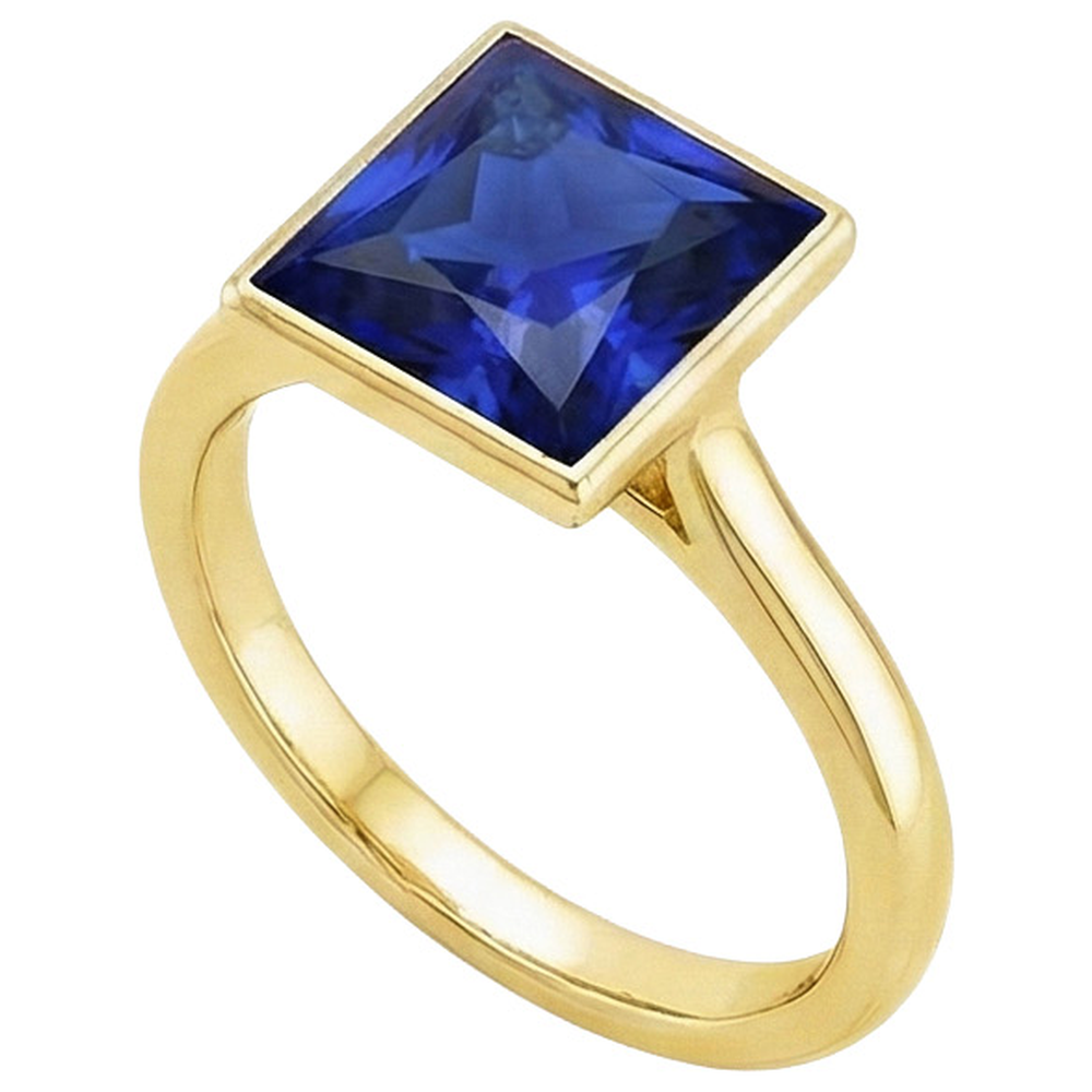 Solitaire Ring Princess Bezel Set Blue Sapphire 5 Carats Yellow Gold
