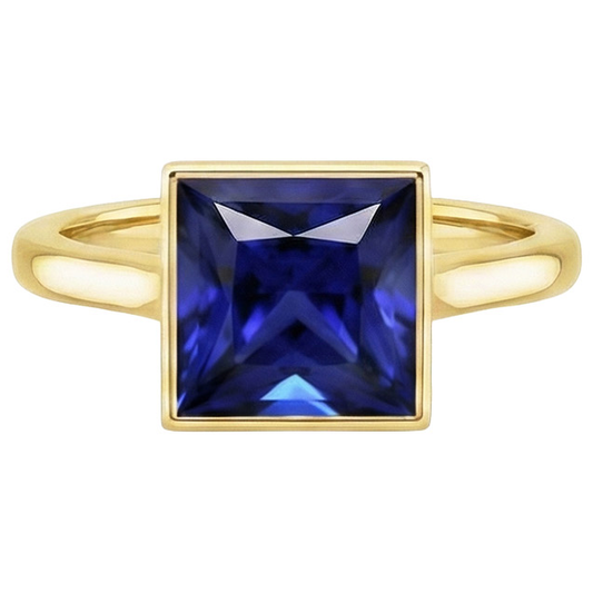 Solitaire Ring Princess Bezel Set Blue Sapphire 5 Carats Yellow Gold