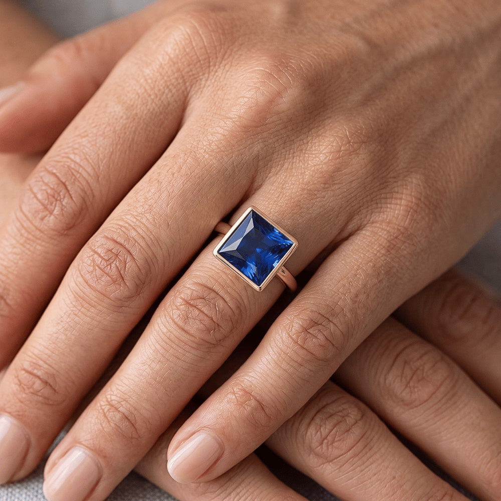Solitaire Ring Princess Bezel Set Blue Sapphire 5 Carats Yellow Gold