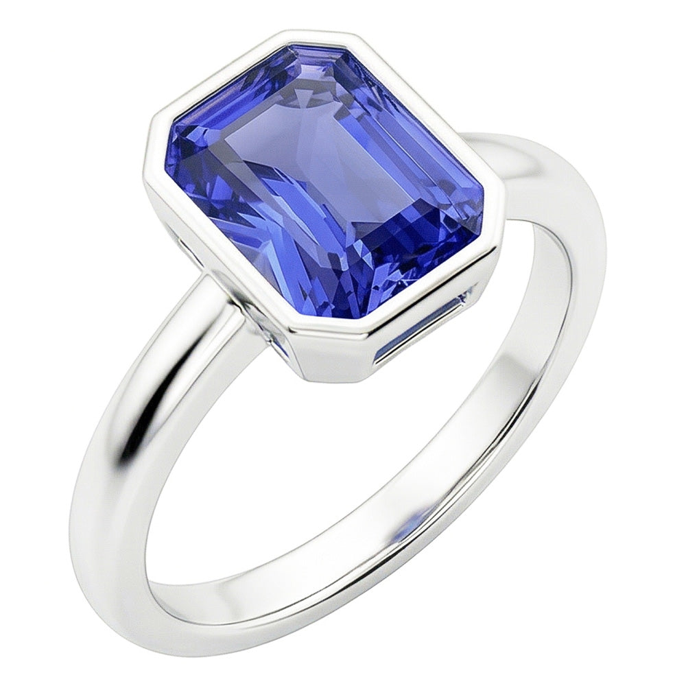 Solitaire Ring Radiant Bezel Set Natural Blue Sapphire 1.50 Carats
