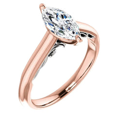 Solitaire Ring Real Marquise Diamond 1.50 Carats Two Tone Gold 14K