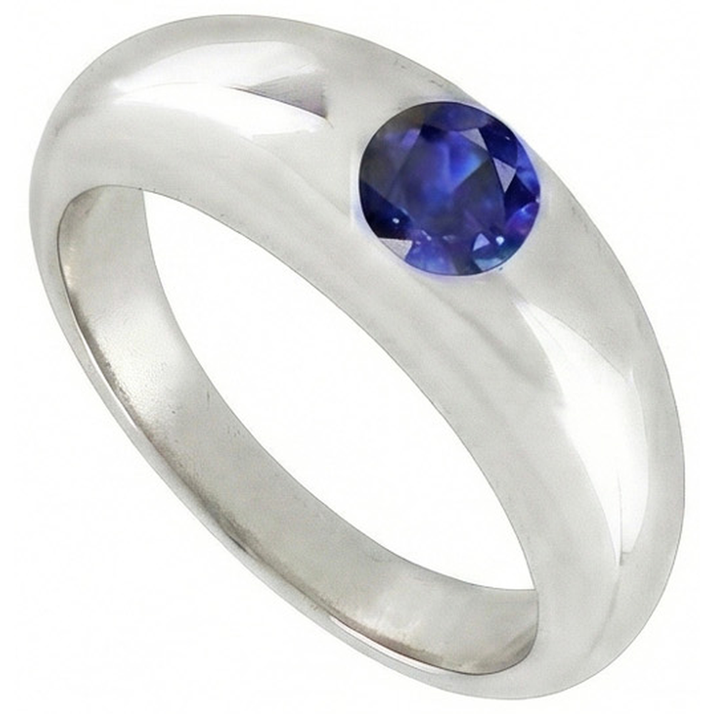 Solitaire Ring Round Ceylon Sapphire Flush Set Thick Shank