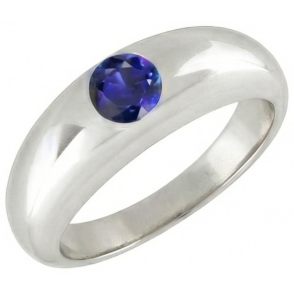 Solitaire Ring Round Ceylon Sapphire Flush Set Thick Shank