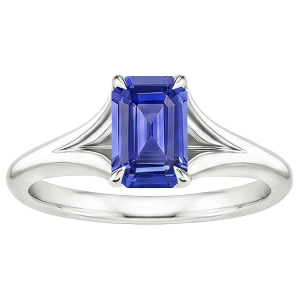 Solitaire Ring Sri Lankan Sapphire 3 Carats Emerald Cut White Gold 14K