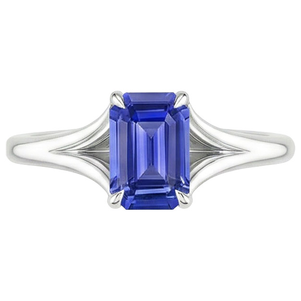 Solitaire Ring Sri Lankan Sapphire 3 Carats Emerald Cut White Gold 14K