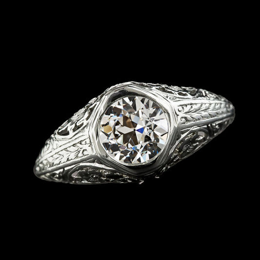 Solitaire Ring Vintage Style Round Real Diamond Old European Bezel Set 2 Carats
