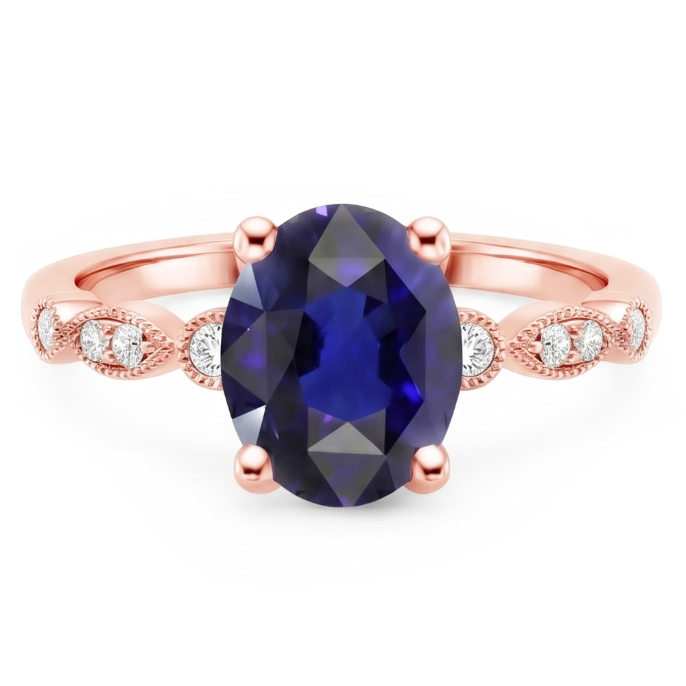 Solitaire Ring Vintage Style & Natural Earth Mined DIAMOND ( NOT LAB GROWN ) Accents Blue Sapphire 4 Carats
