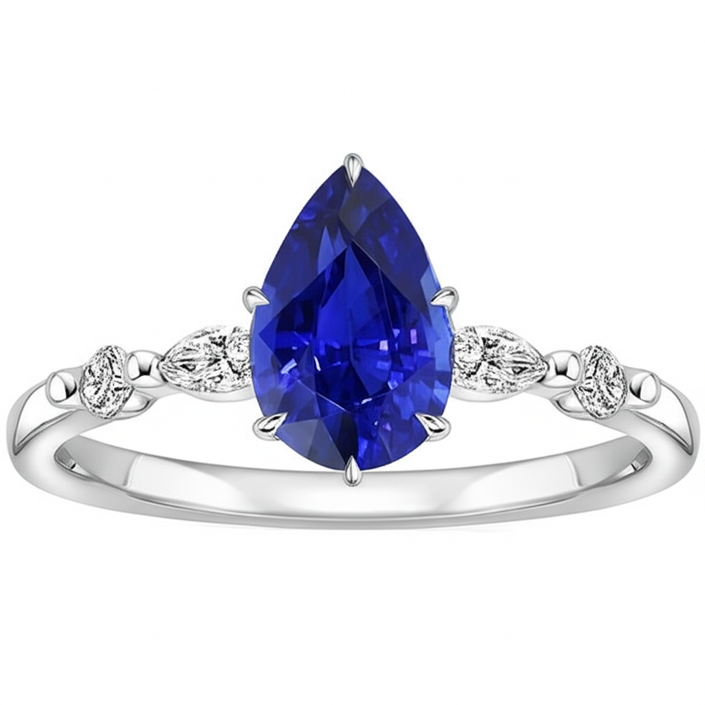 Solitaire Ring With Accents Pear Sri Lankan Sapphire 4.50 Carats