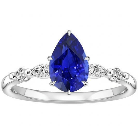 Solitaire Ring With Accents Pear Sri Lankan Sapphire 4.50 Carats
