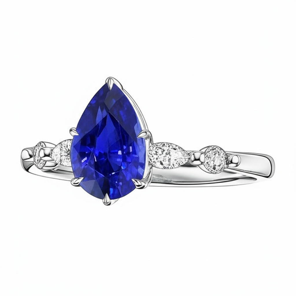 Solitaire Ring With Accents Pear Sri Lankan Sapphire 4.50 Carats