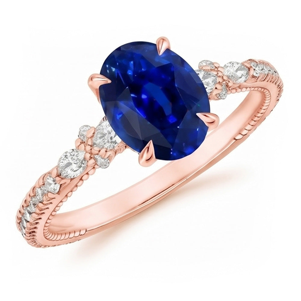 Solitaire Ring With Pear Natural Earth Mined DIAMOND ( NOT LAB GROWN ) Accents Oval Ceylon Sapphire 4 Carats