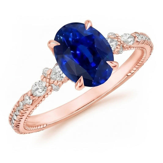 Solitaire Ring With Pear Natural Earth Mined DIAMOND ( NOT LAB GROWN ) Accents Oval Ceylon Sapphire 4 Carats