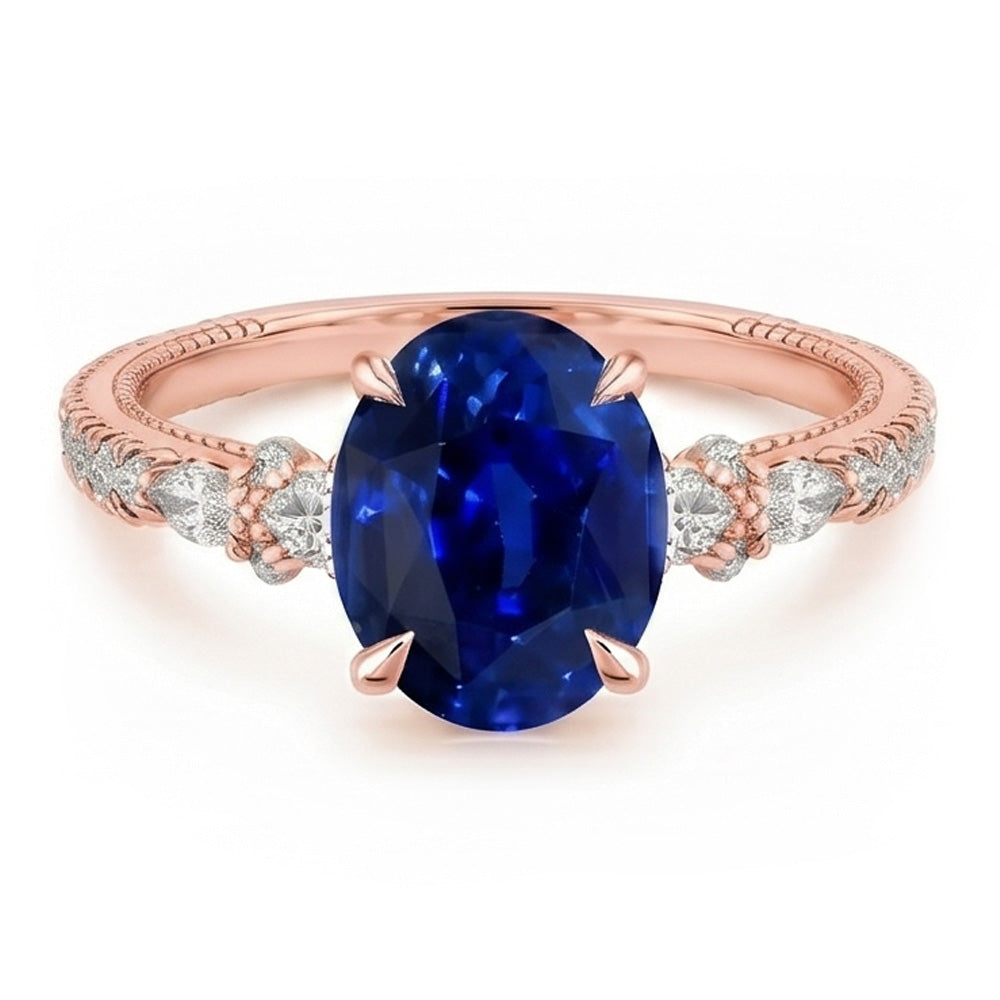 Solitaire Ring With Pear Natural Earth Mined DIAMOND ( NOT LAB GROWN ) Accents Oval Ceylon Sapphire 4 Carats