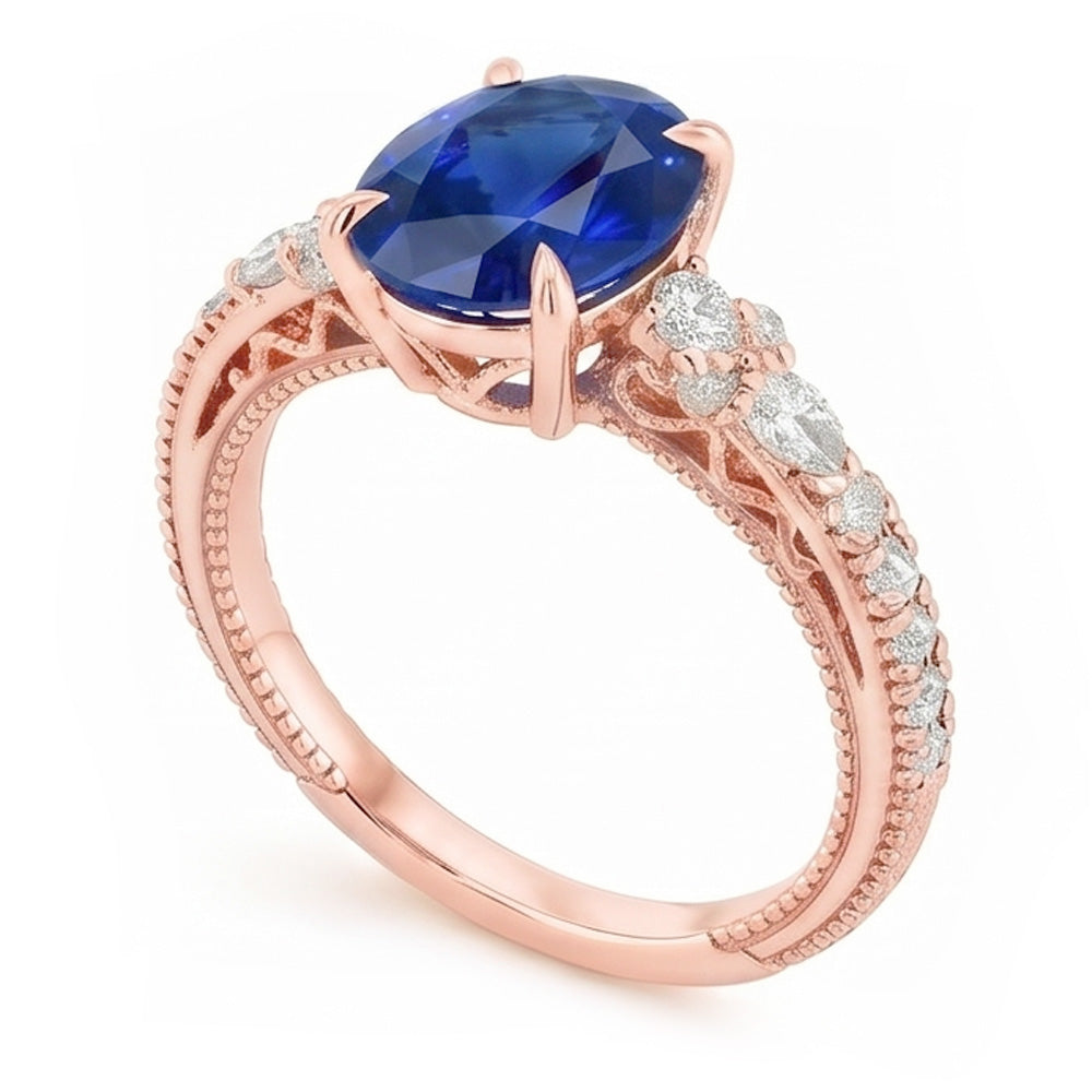Solitaire Ring With Pear Natural Earth Mined DIAMOND ( NOT LAB GROWN ) Accents Oval Ceylon Sapphire 4 Carats