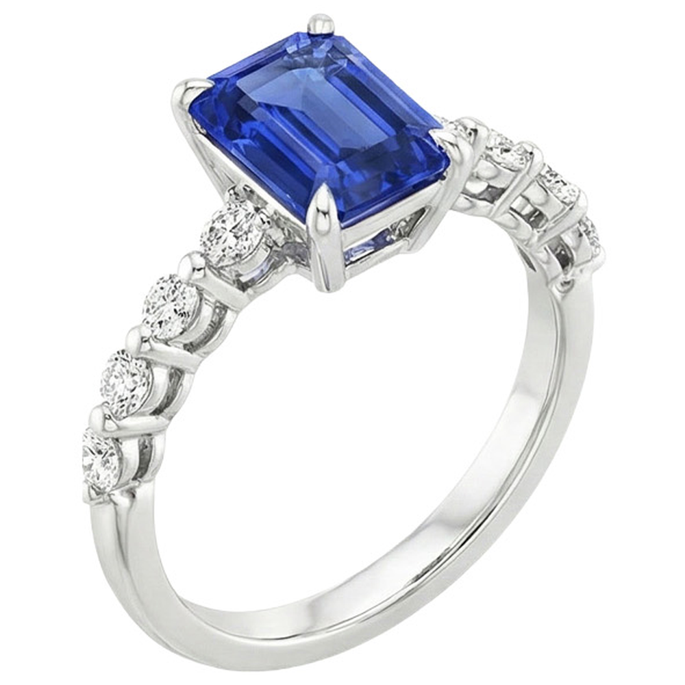 Solitaire Ring with Accents Blue Sapphire & Natural Earth Mined Diamond 4 Carats