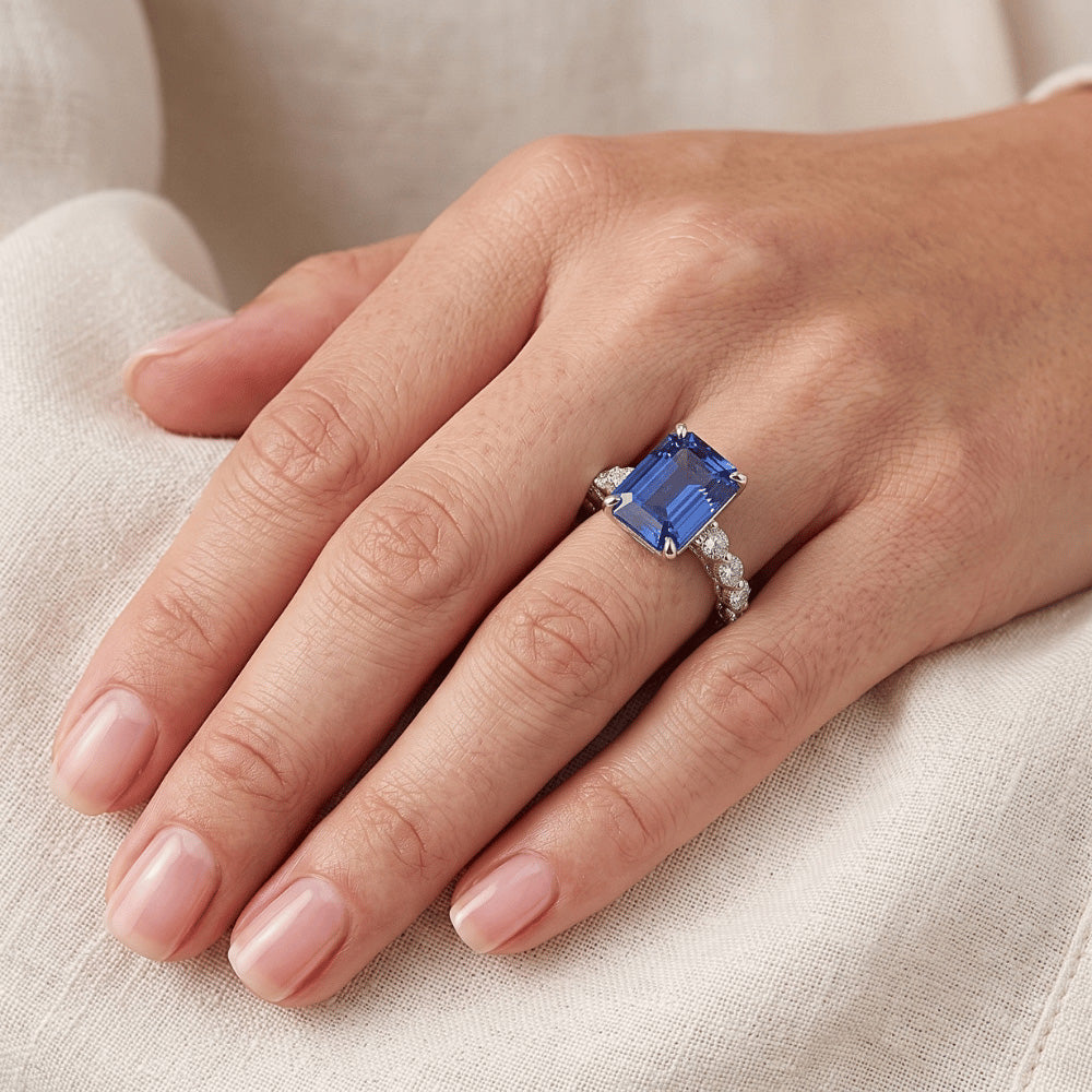 Solitaire Ring with Accents Blue Sapphire & Natural Earth Mined Diamond 4 Carats